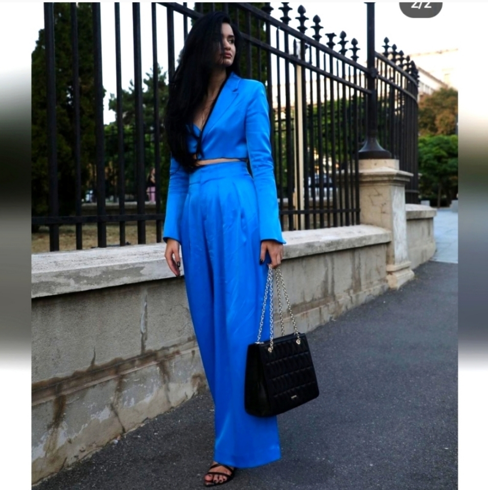 Zara Satin Effect Wide Pants Trousers Blue - Picture 2 of 13